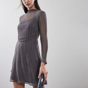 Reiss ‘Camile’ Embellished Fit & Flare Dress High Neck Beaded Charcoal Medium M